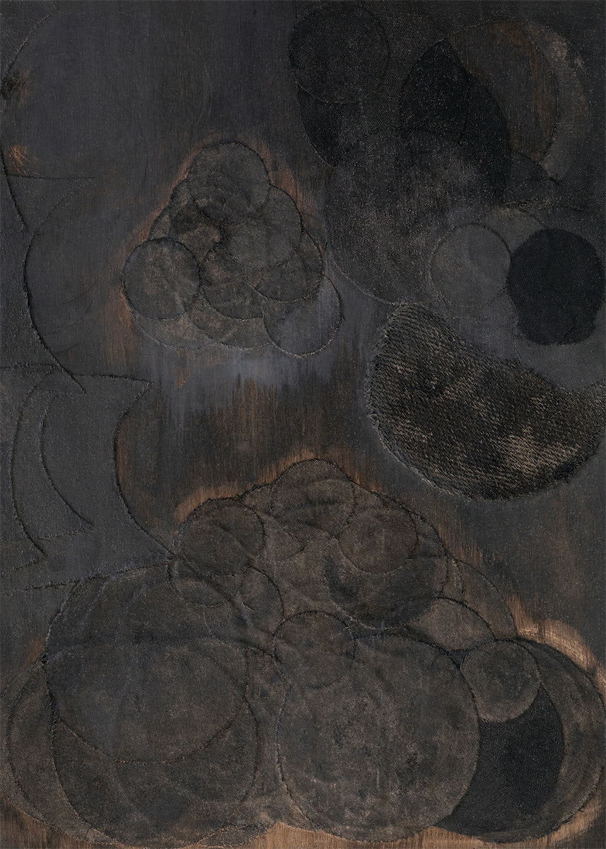 installation view sculptural moving image collaged installation with single channel 4K video projection, paint, linen, wood, stainless steel, nylon, concrete, water, stone slate